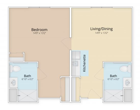 Bayberry one bedroom, two bath floor plan