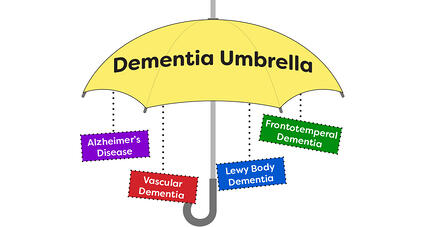 A drawing of an open yellow umbrella with colored boxes with text hanging from it