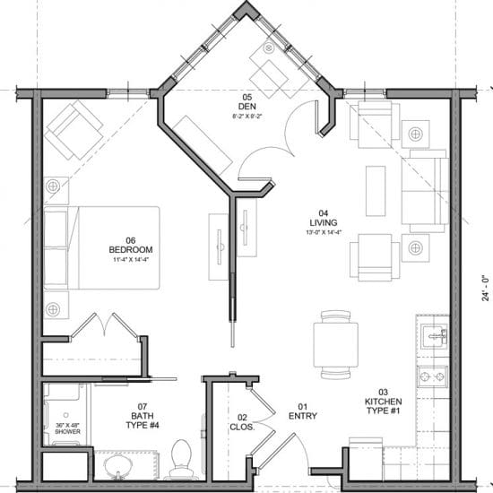 one bedroom plus den floor plan for assisted living at mariner at marblehead